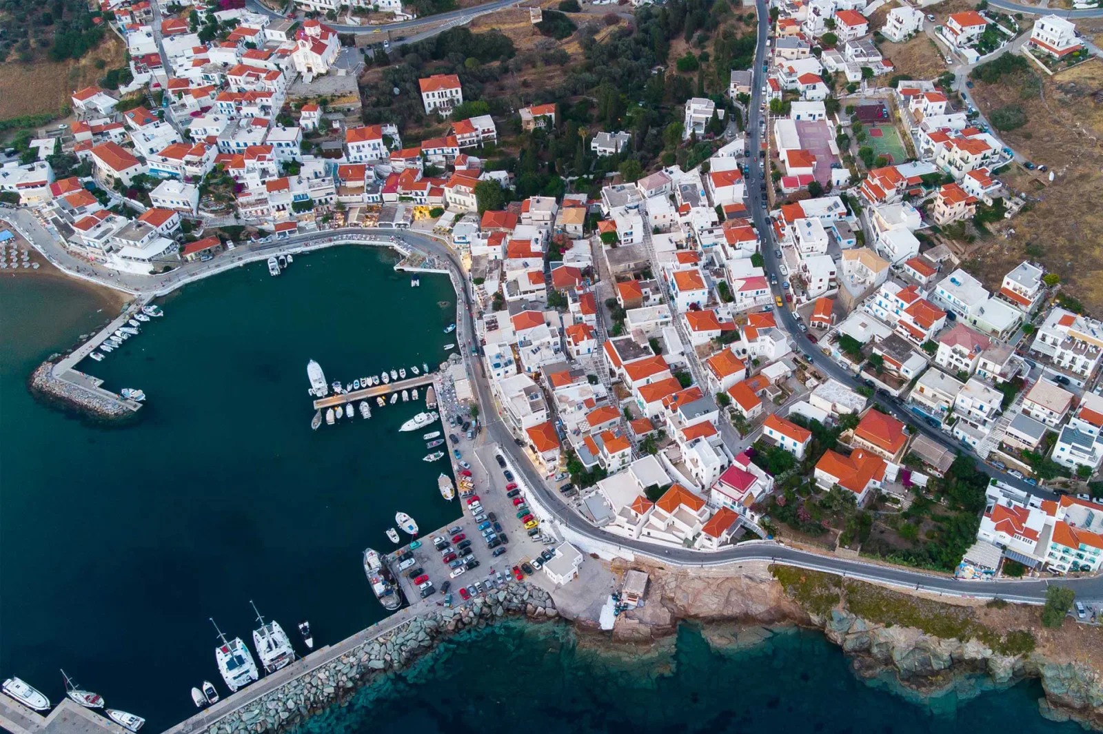 Aerial view of Batsi, Andros — the harbour and the village