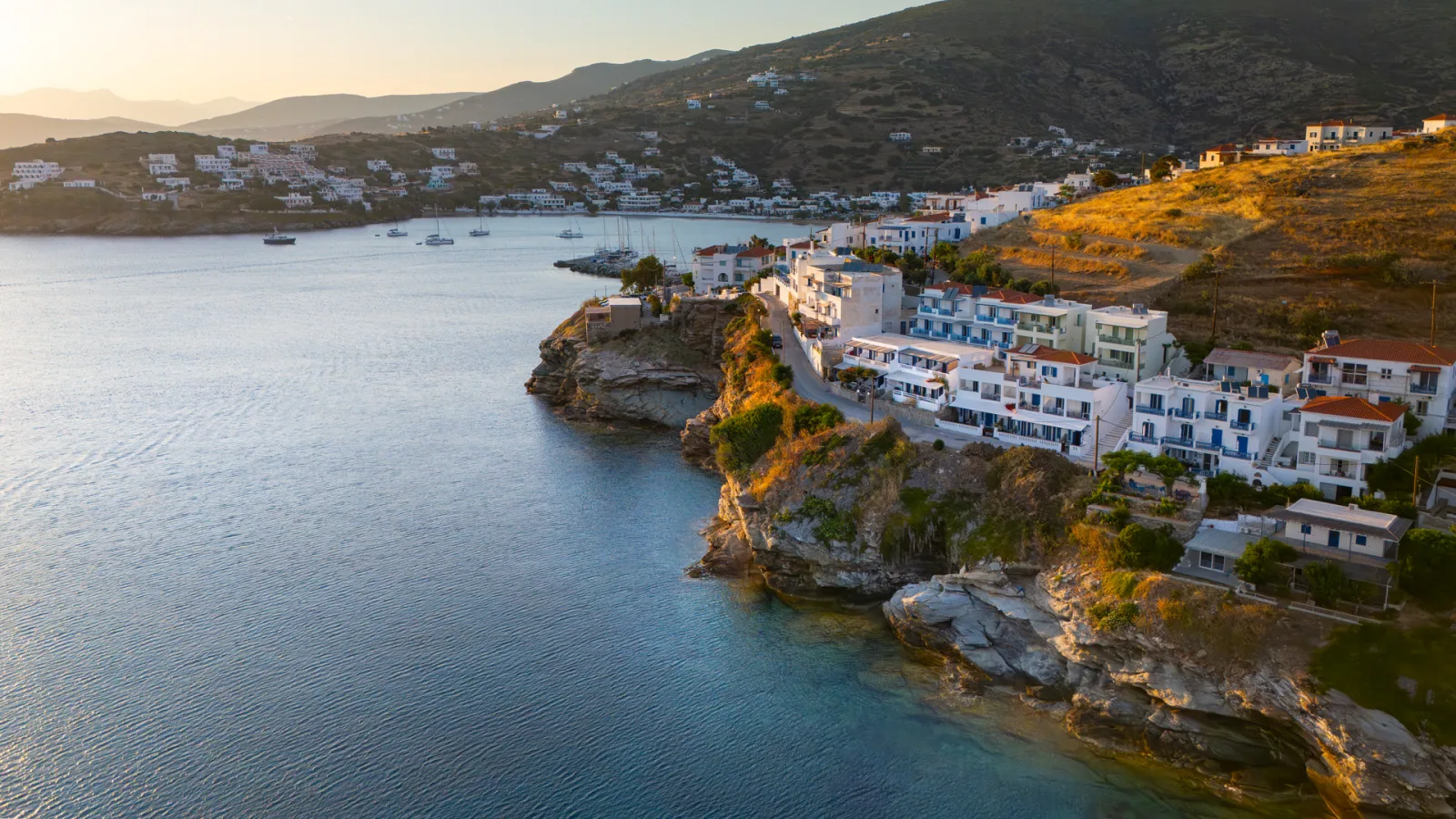 Aerial view of Batsi, Andros at sunset